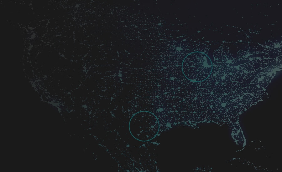 A dark map of the United States is illuminated with small blue dots representing data points, creating a network effect. Two circular regions are highlighted, one in the central southern area and the other in the central northern area.