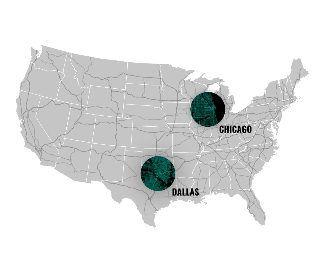 A gray map of the United States highlights two locations with large black circles: one over Chicago in the northern central region and another over Dallas in the southern central region. Each circle contains a detailed view of the respective city's layout.