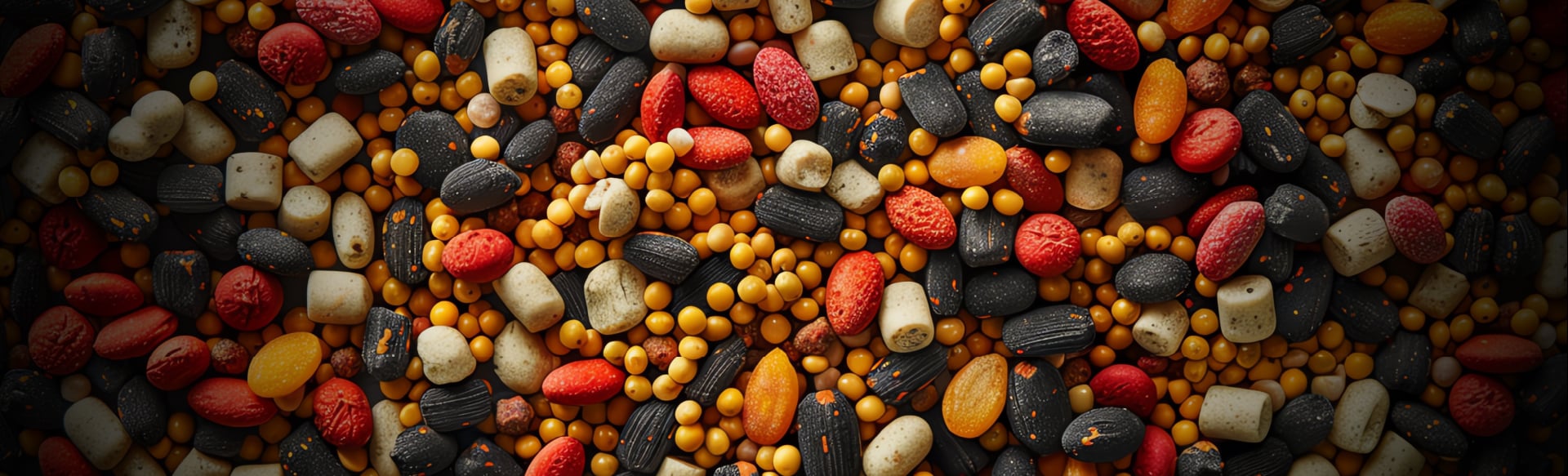 A close-up of a mixture of colorful seeds and grain textures, including black sunflower seeds, yellow peas, red goji-like berries, white cylindrical pellets, and multi-colored round seeds. The assortment creates a vibrant and diverse pattern.