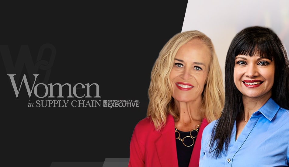 Two women are smiling in a professional setting. The woman on the left has blonde hair and is wearing a red blazer, while the woman on the right has dark hair and is wearing a blue blouse. The text 