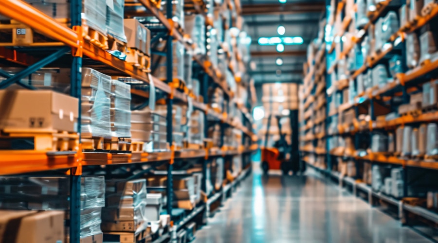 A large, well-lit warehouse with high shelves filled with various boxes and packages. The rows of shelves create a narrow aisle that stretches into the distance, showing the depth of the warehouse. The scene is slightly blurred, emphasizing the scale of the storage space.