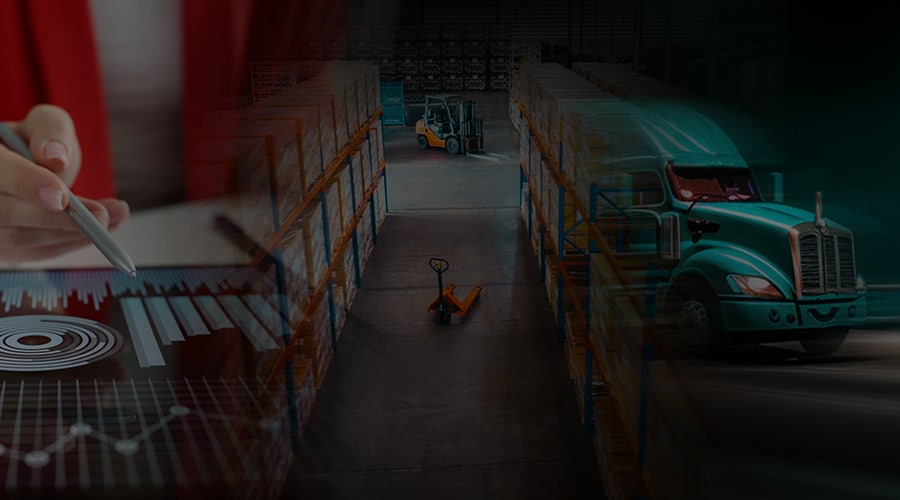 A composite image showing supply chain elements: a person in a red jacket using a stylus on a tablet with bar graphs, a warehouse with shelves and a forklift, and a teal semi-truck parked. The visuals collectively represent logistics and inventory management.