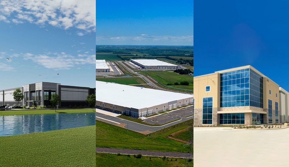 Collage of RJW Logistics by a pond, a white Midwest warehouse, and a beige-blue glass office under clear sky.