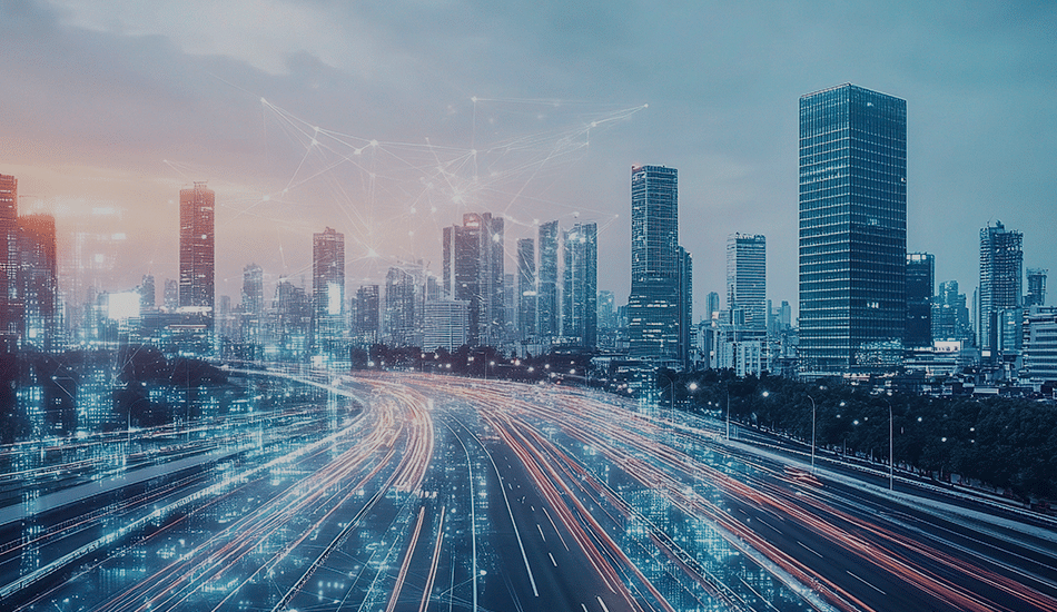 Modern cityscape with skyscrapers and highways, overlaid with network lines symbolizing smart city technology and infrastructure.