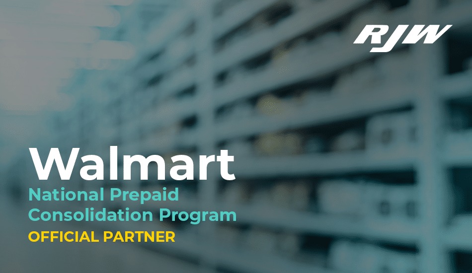 RJW logo top right, blurred store shelves background, text reads Walmart National Prepaid Consolidation Program Official Partner.