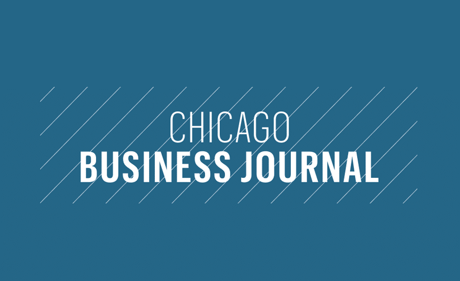 Chicago Business Journal in bold white text on a blue background with thin diagonal white lines behind the lettering.