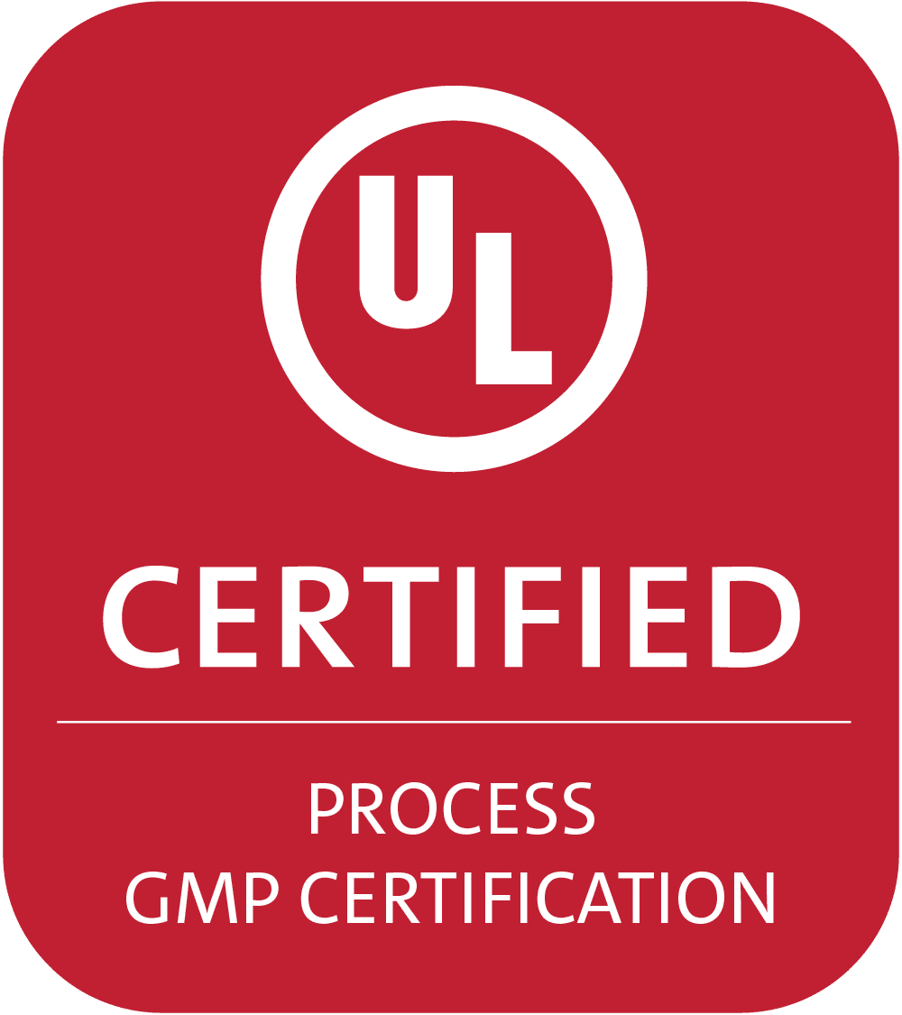 Red UL logo badge with CERTIFIED in large letters and PROCESS GMP CERTIFICATION in smaller text below.