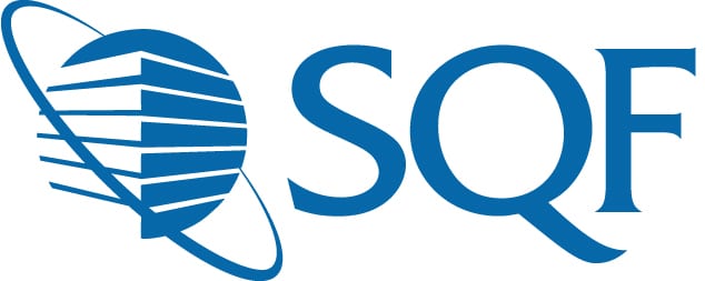 Blue SQF logo with a stylized globe of horizontal lines and an orbit ring, next to bold blue SQF letters on white background.