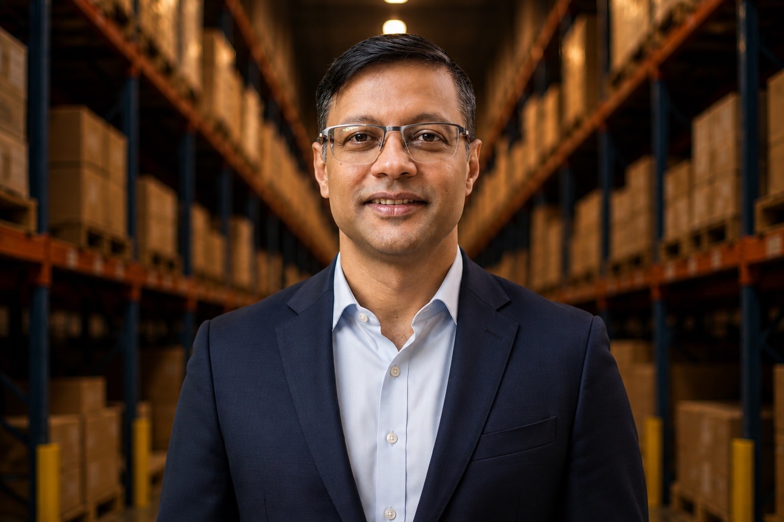 Businessman in suit and glasses smiling in warehouse with shelves and stacked boxes in the background.